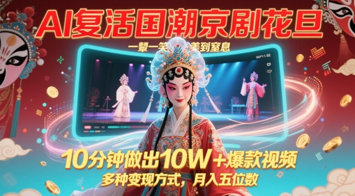 AI复活国潮京剧花旦，一颦一笑美到窒息，10分钟做出10W+爆款视频，多种变现方式，月入五位数-聊项目