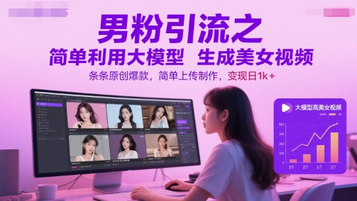 男粉引流之简单利用大模型生成美女视频，条条原创爆款，简单上传制作，变现日1k+-聊项目
